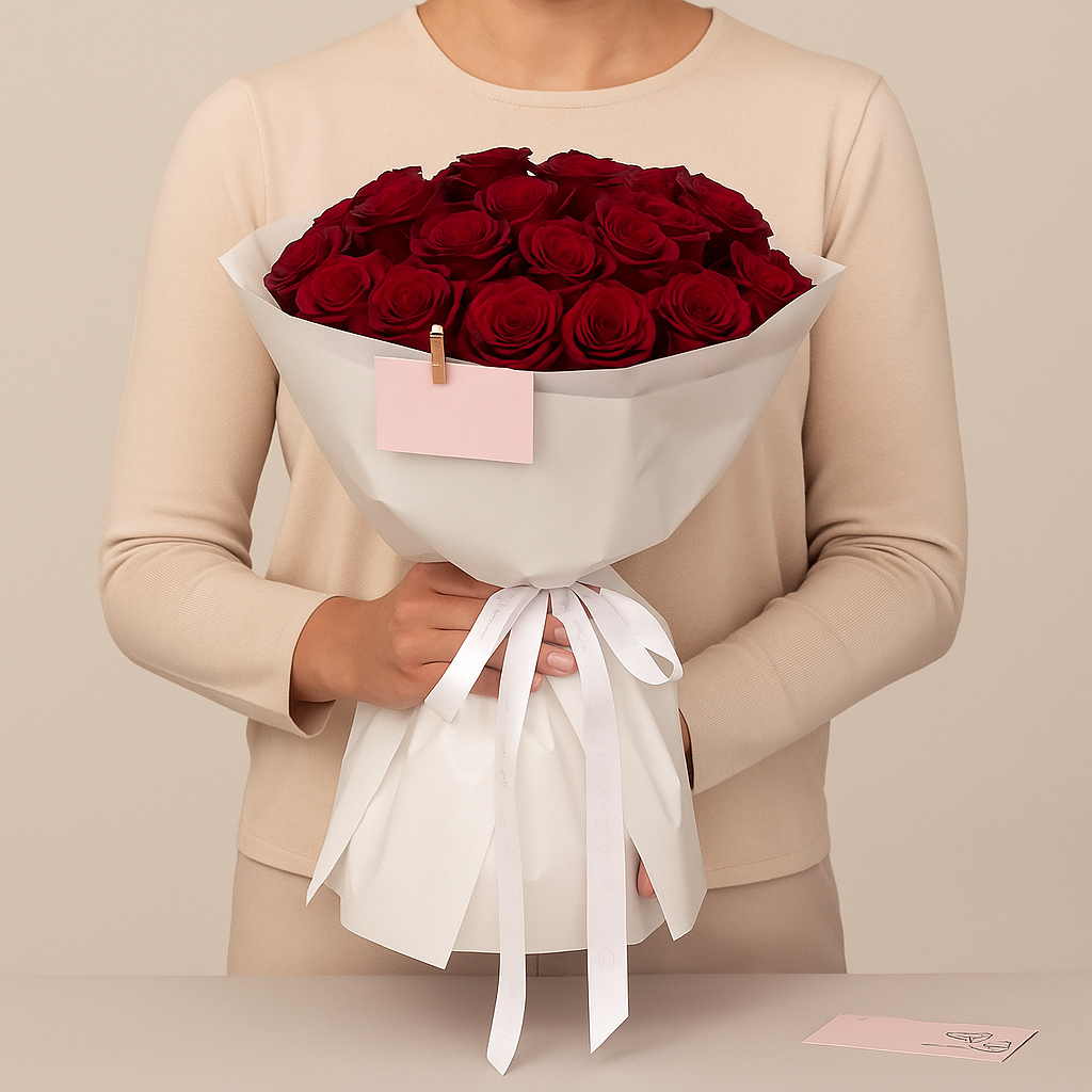 25 Red Roses in White