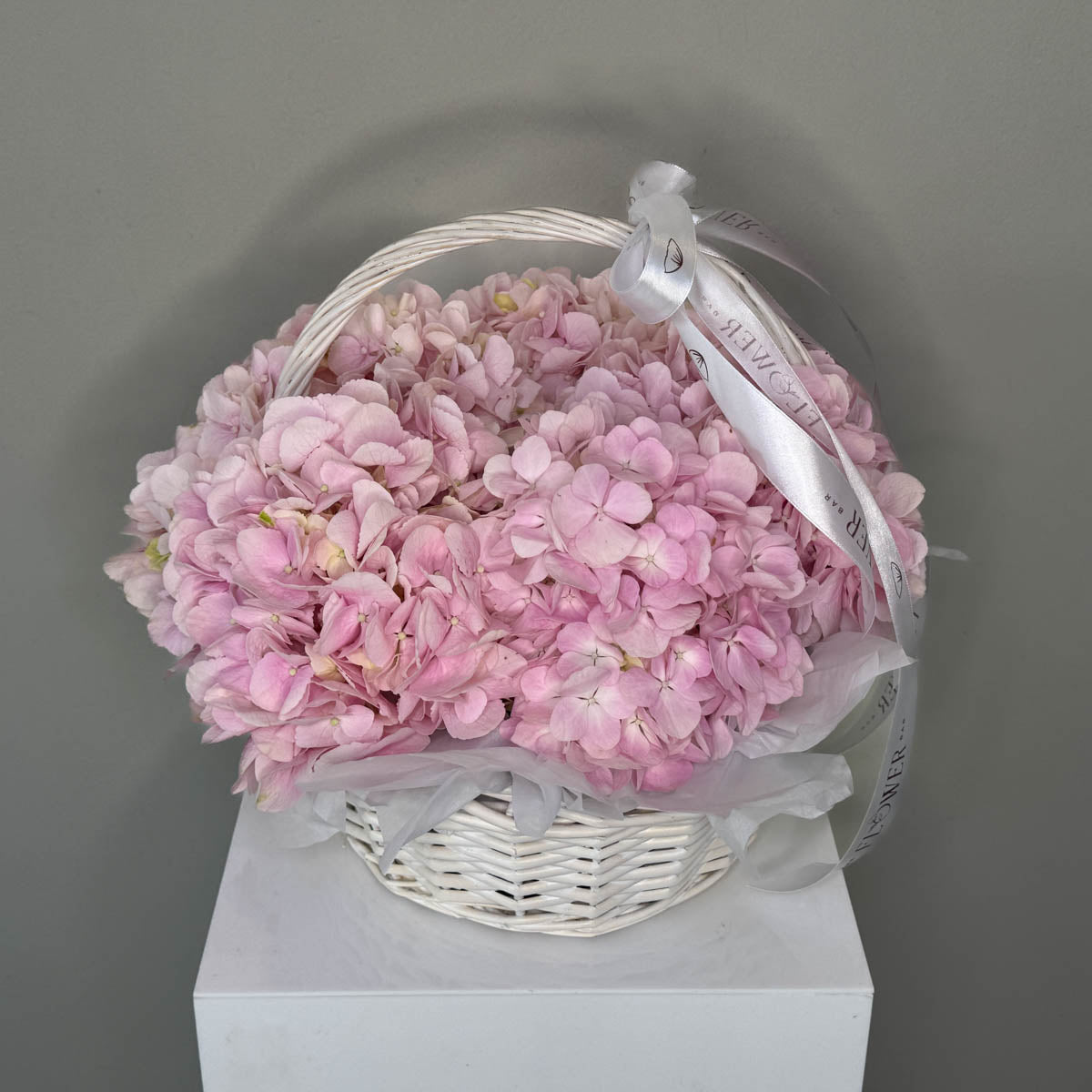 5 Hydrangea Pink in White Basket