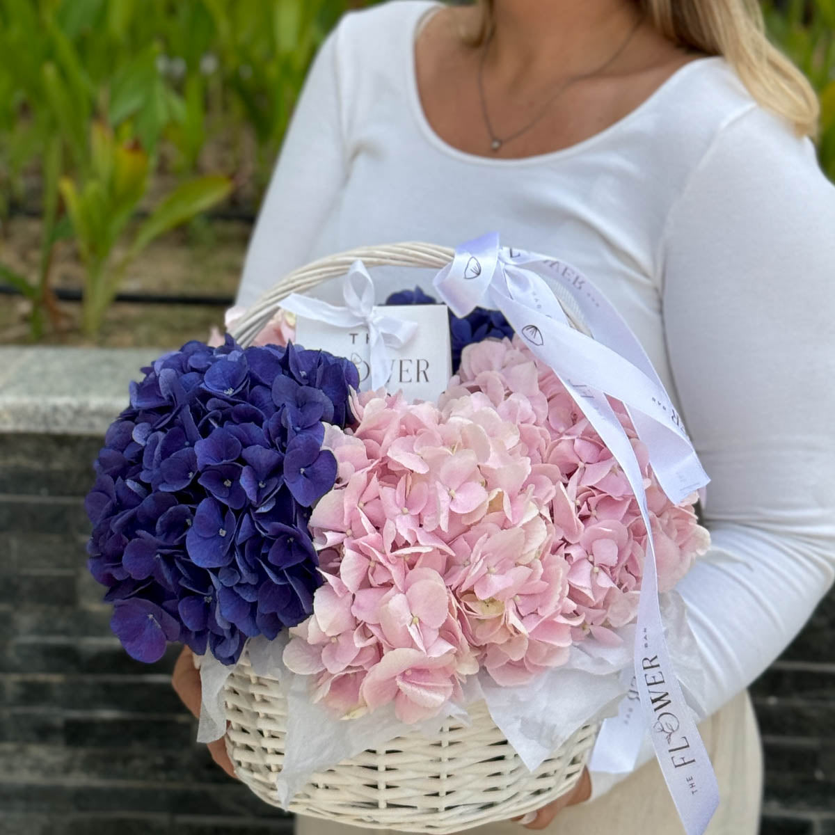 Hydrangea Pink and Purple in White Basket