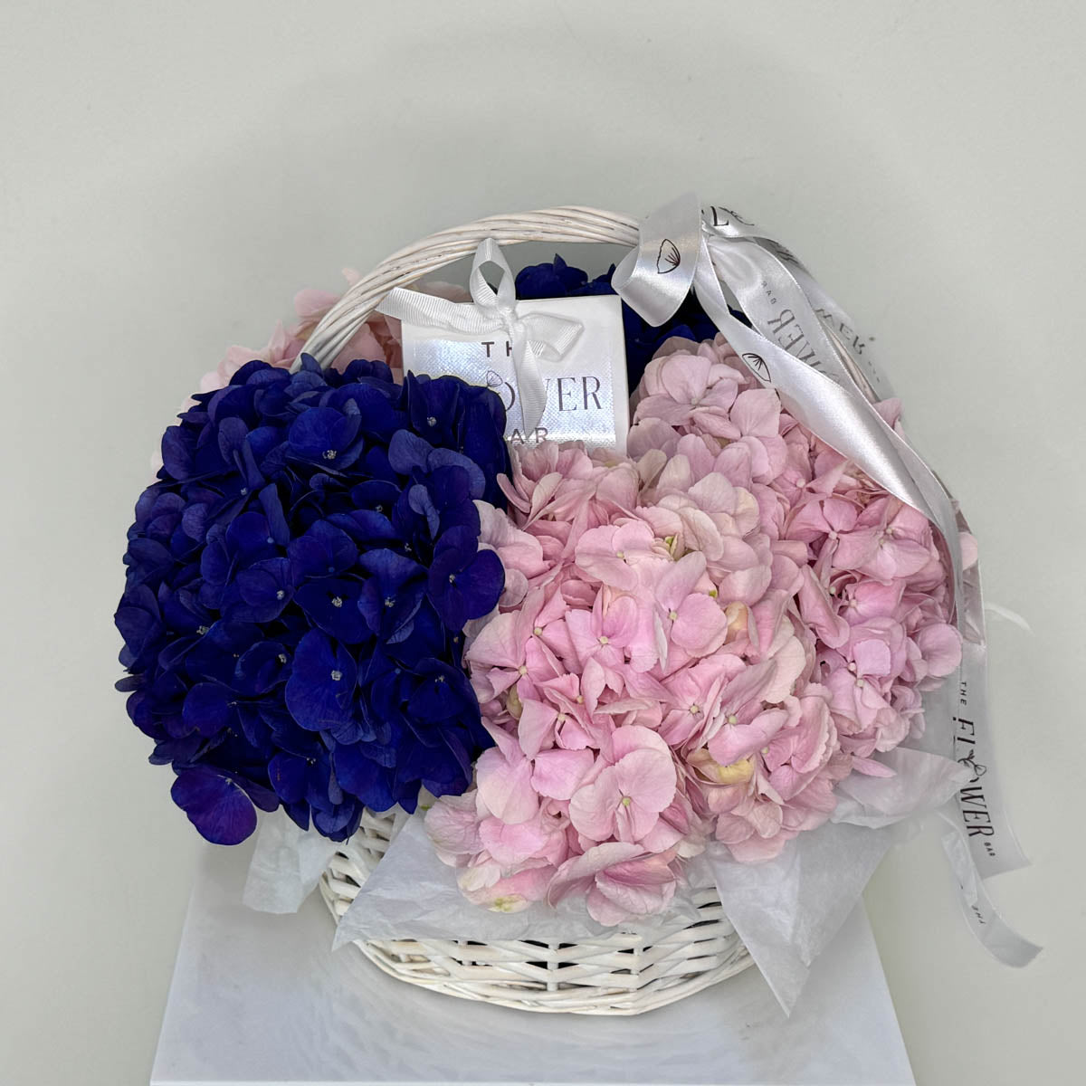 Hydrangea Pink and Purple in White Basket