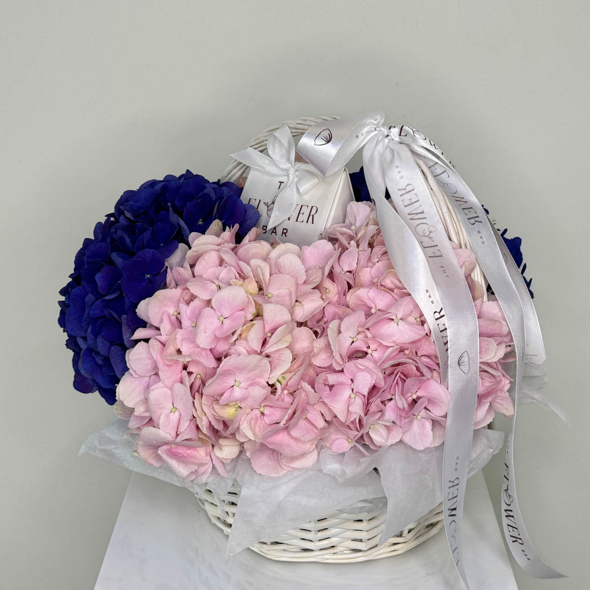 Hydrangea Pink and Purple in White Basket