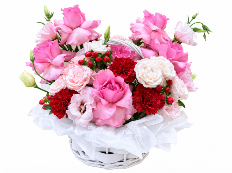 Pink Roses & Red Carnations Flower Basket