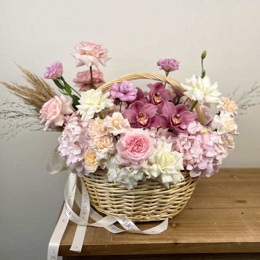 Basket with White and Pink Flowers