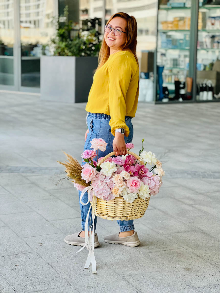 Basket with White and Pink Flowers